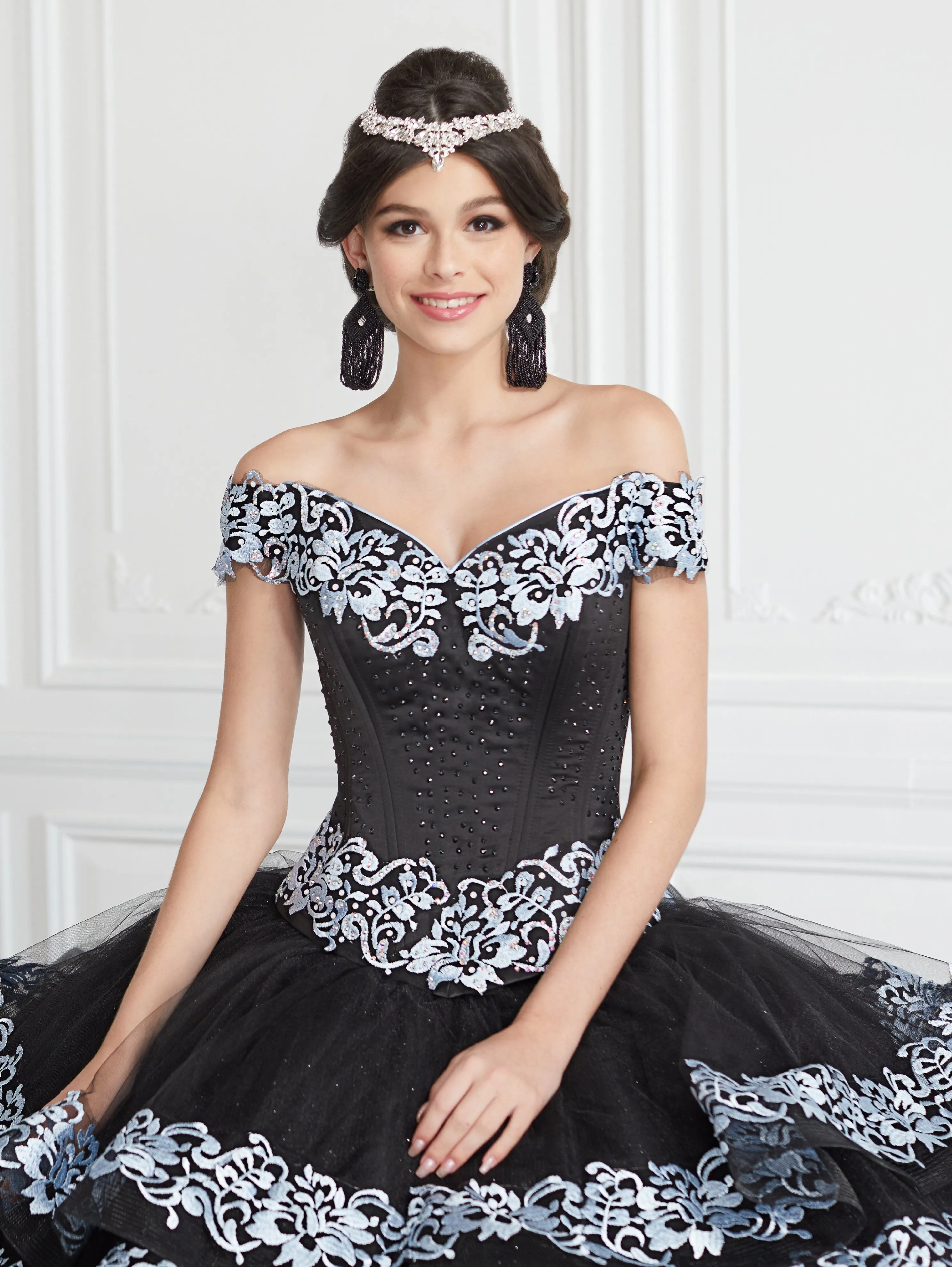 Applique Off Shoulder Tiered Quinceanera Dress by LA Glitter 24062