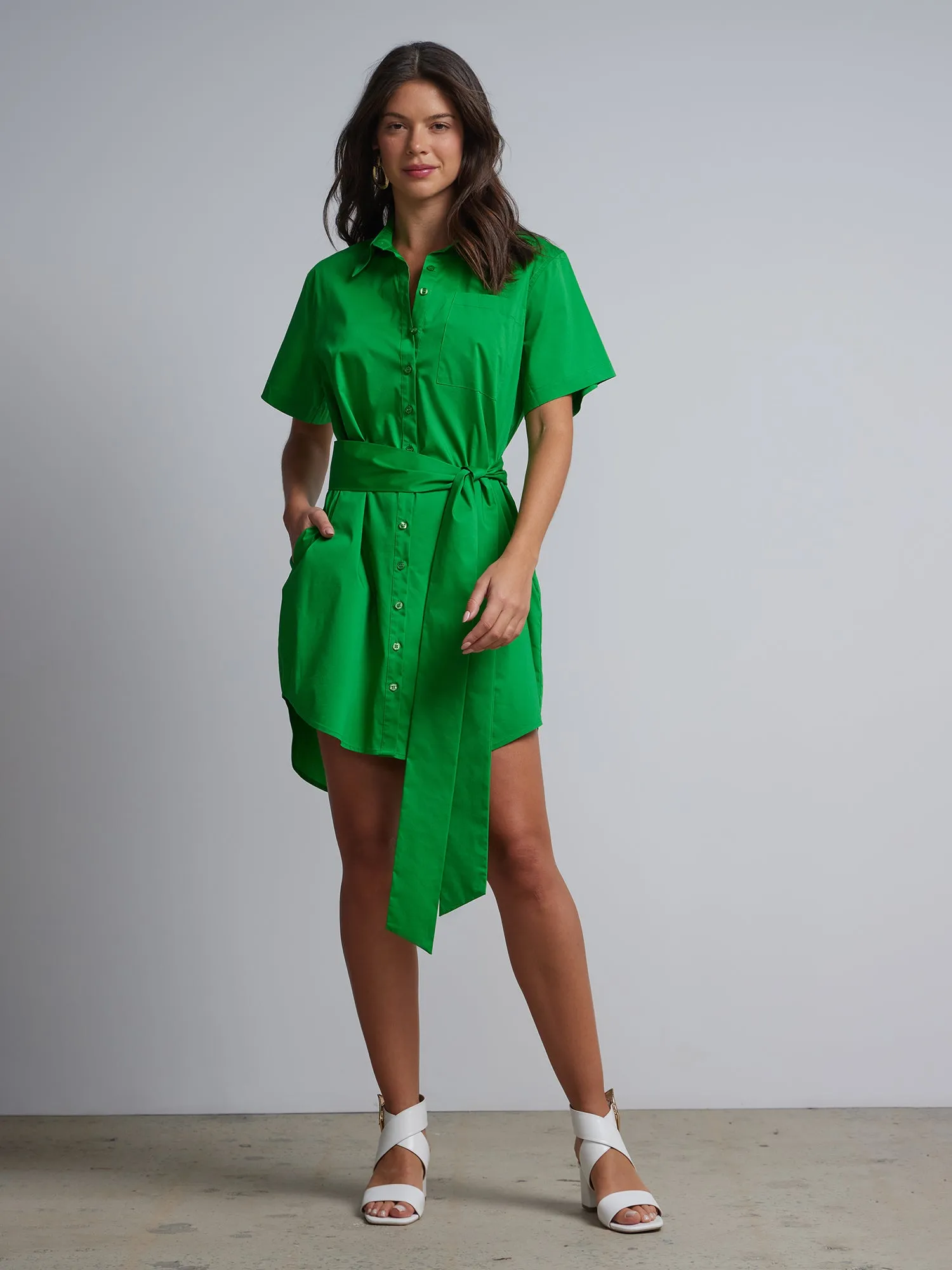 Belted Short-Sleeve Button-Down Madison Shirt-Dress