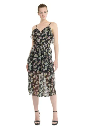 Black Ruffled Maxi Dress With Multicolour Floral Prints