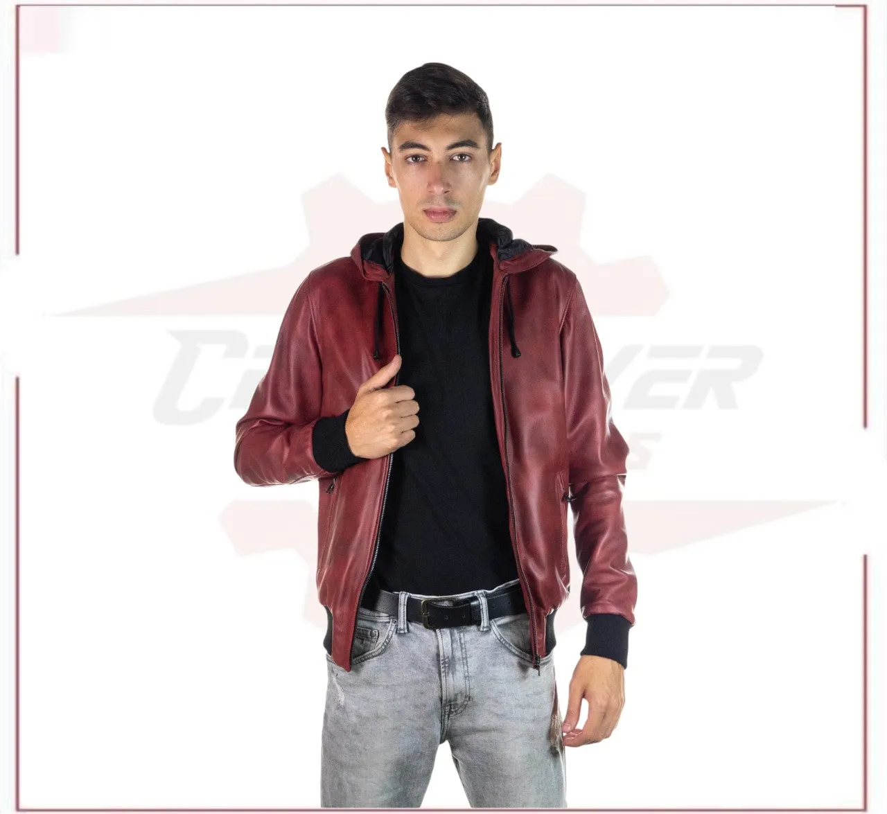 Bomber Napoli Cap - Men's Bomber Jacket in Genuine Bordeaux Leather