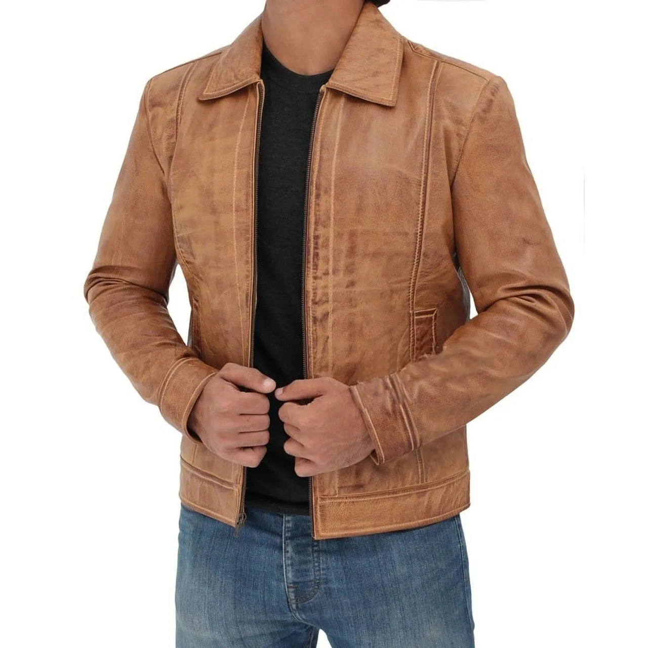 Casual Stylish Camel Brown Fitted Biker Leather Mens Jacket