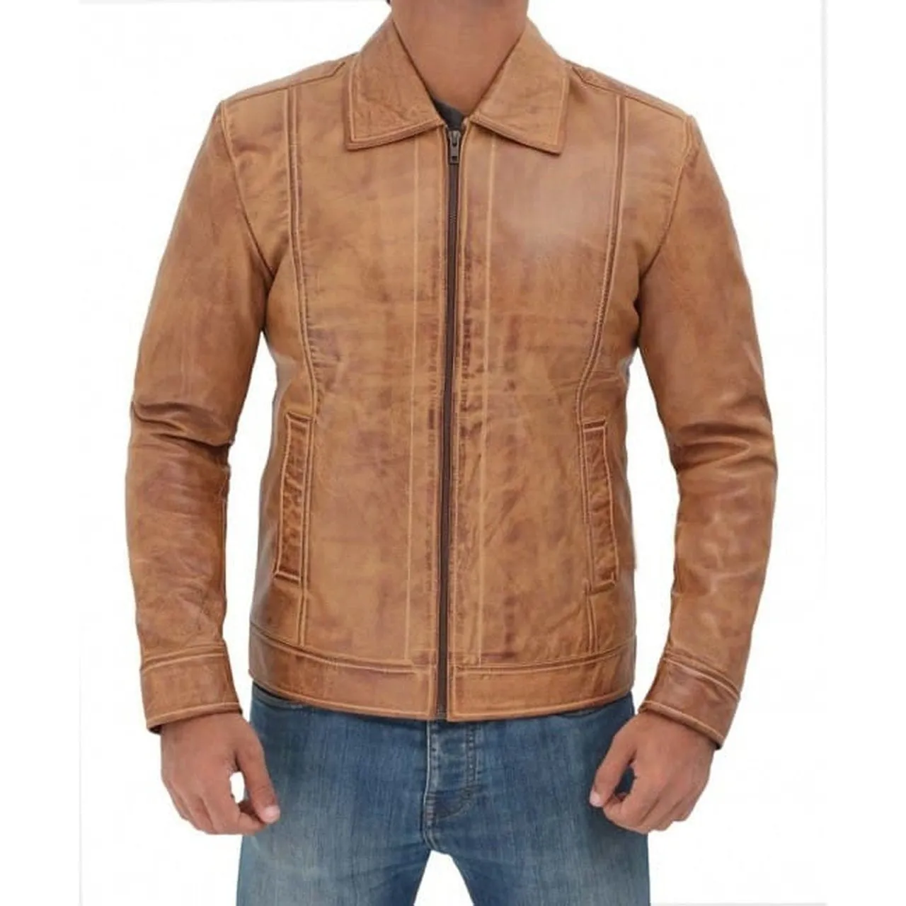 Casual Stylish Camel Brown Fitted Biker Leather Mens Jacket