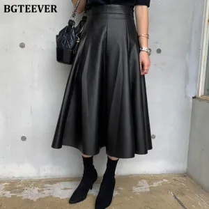 Christmas Gift Joskaa Black Solid PU Leather Elegant Midi Skirt Women 2020 Spring High Waist Office Ladies A Line Flared Skirts Faux Leather