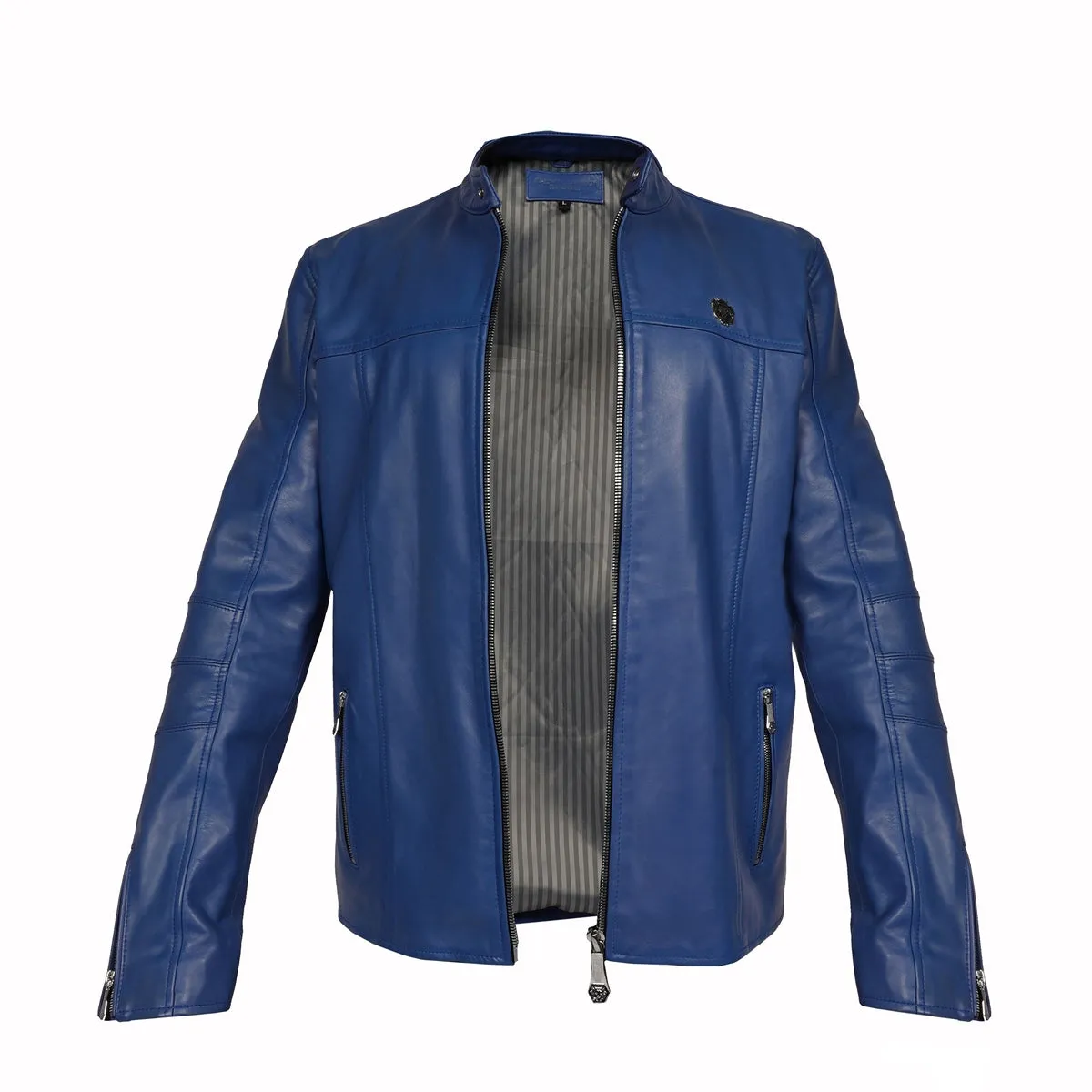 Classic Stylish Slim Fit Sky Blue Ban Neck Collar Front Zipper Pockets Men's Leather Jacket By Brune & Bareskin