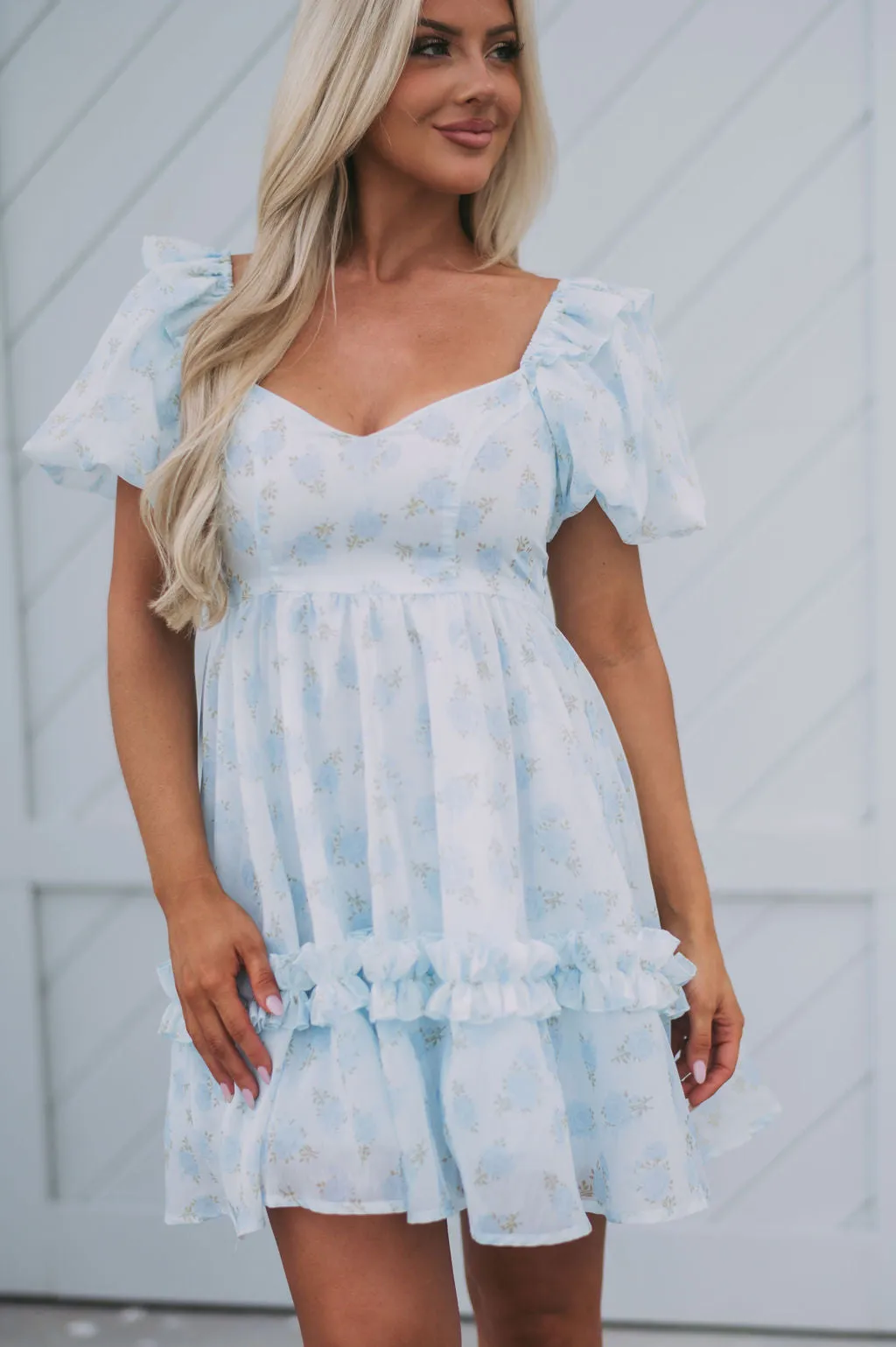 Danny Floral Printed Babydoll Dress- Blue