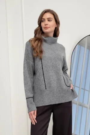 Gray Contrast Turtleneck Sweater