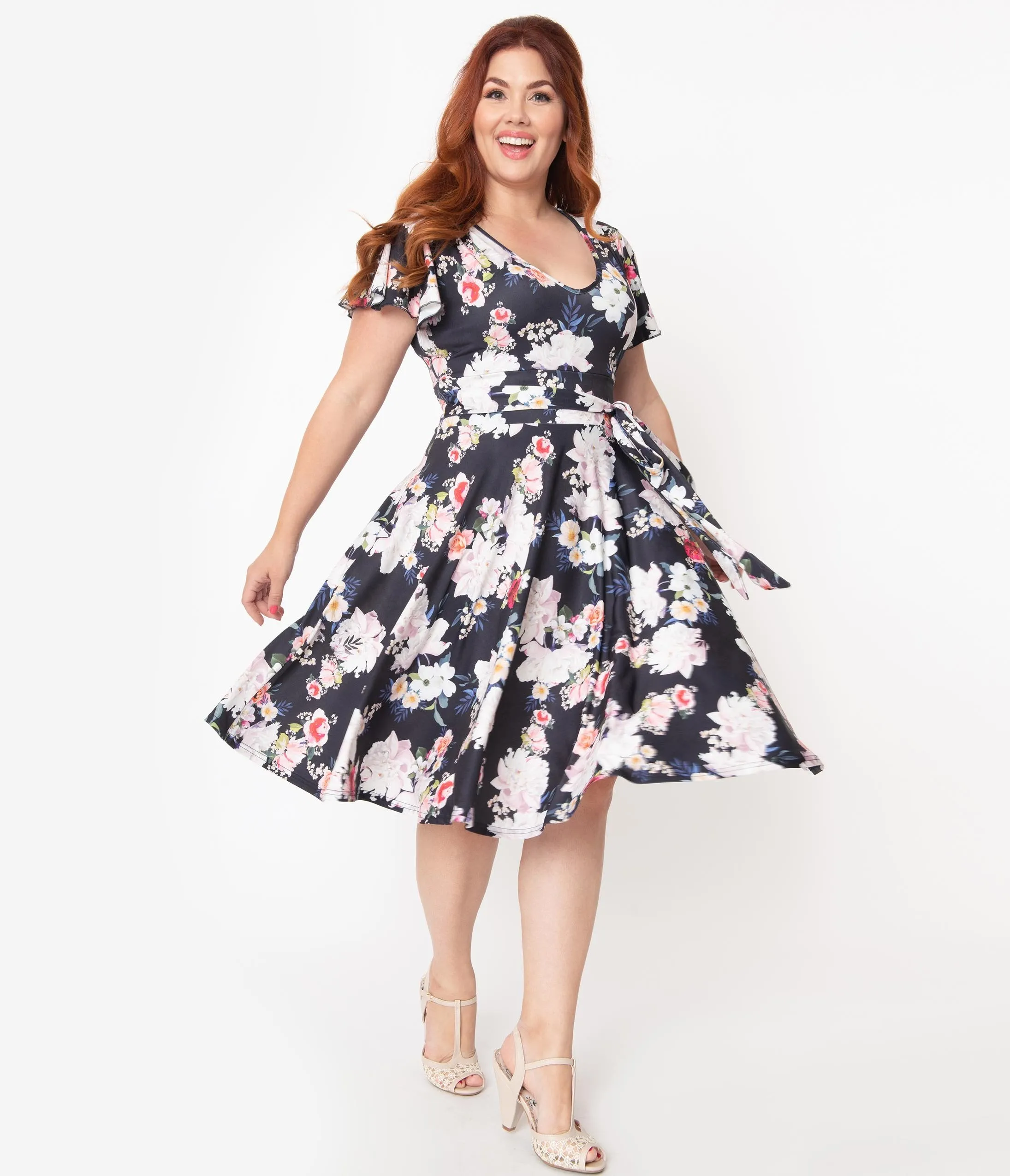 Hell Bunny Plus Size Navy Blue Floral Print Tussy Mussy Dress