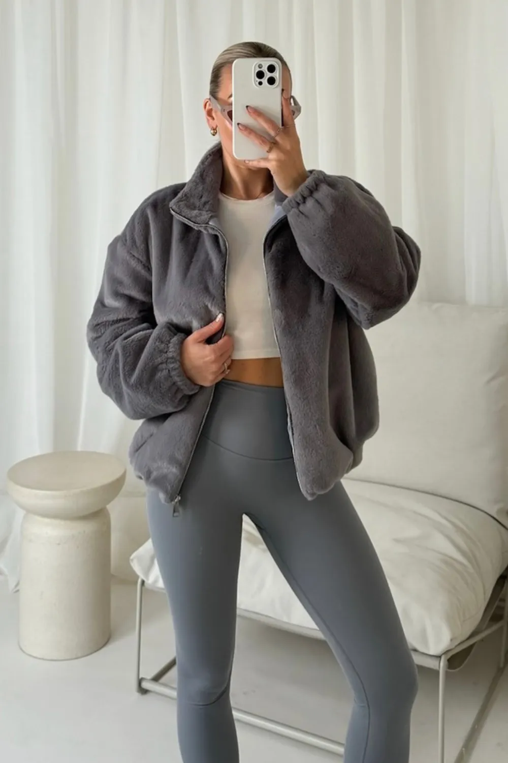 Ivy grey faux fur bomber jacket