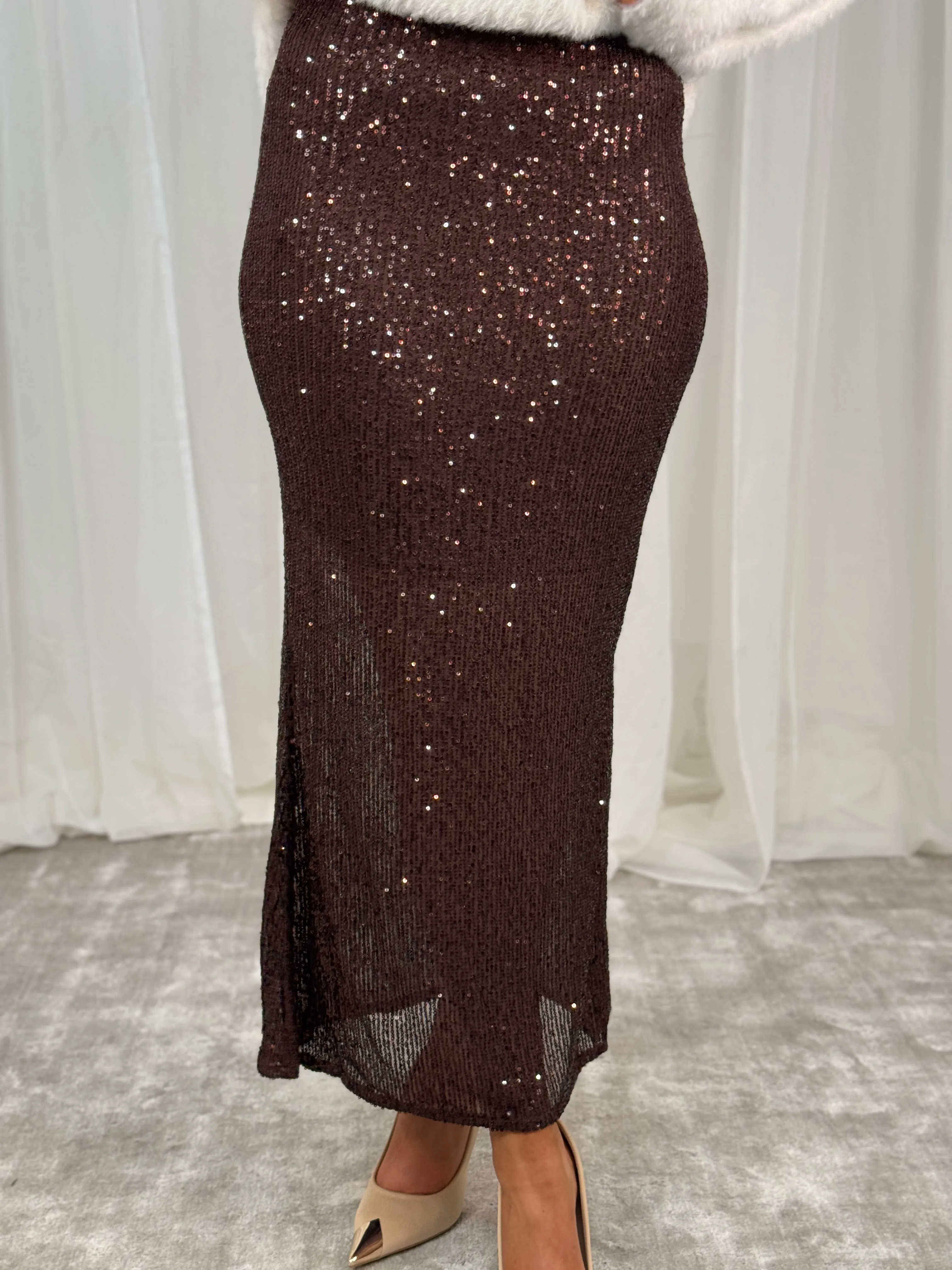 Kendra Long Sequin Skirt In Coffee