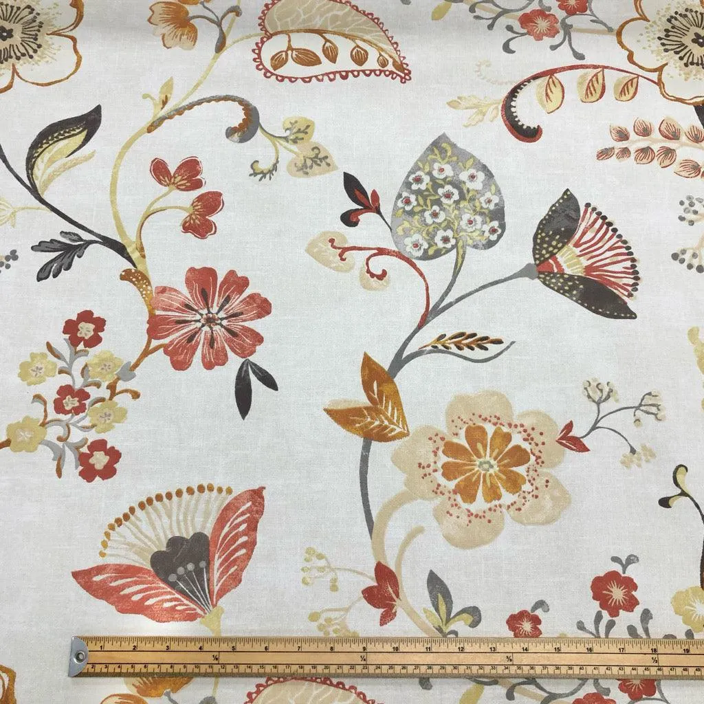 Large Burnt Orange Elegant Floral on Cream Panama Fabric