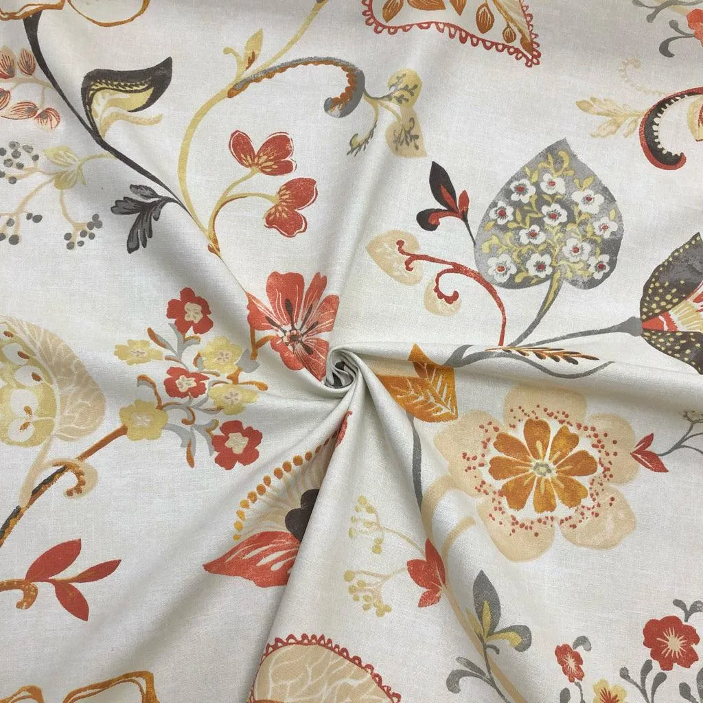 Large Burnt Orange Elegant Floral on Cream Panama Fabric