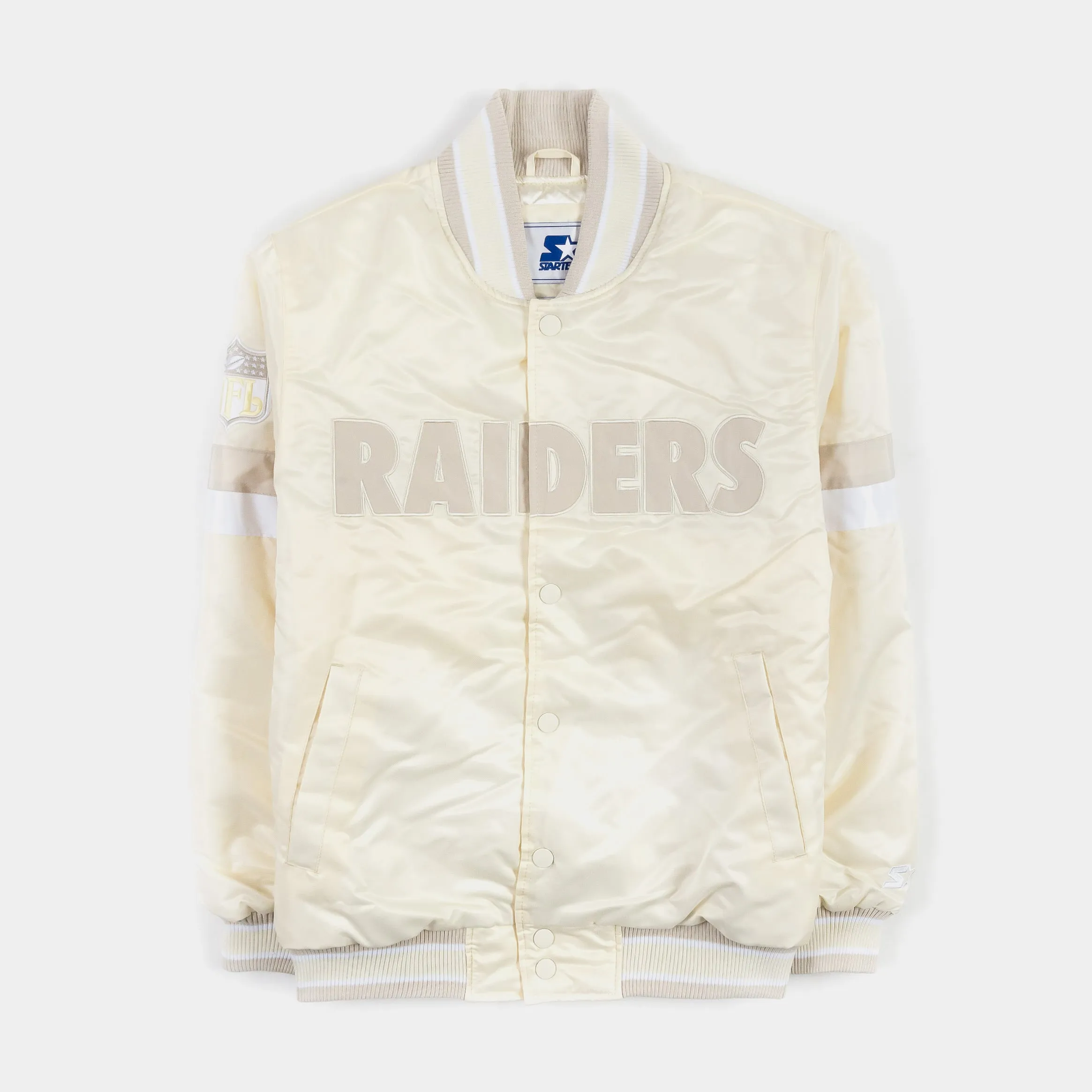 Las Vegas Raiders Home Game Pearl Satin Varsity Mens Jacket (Pearl)