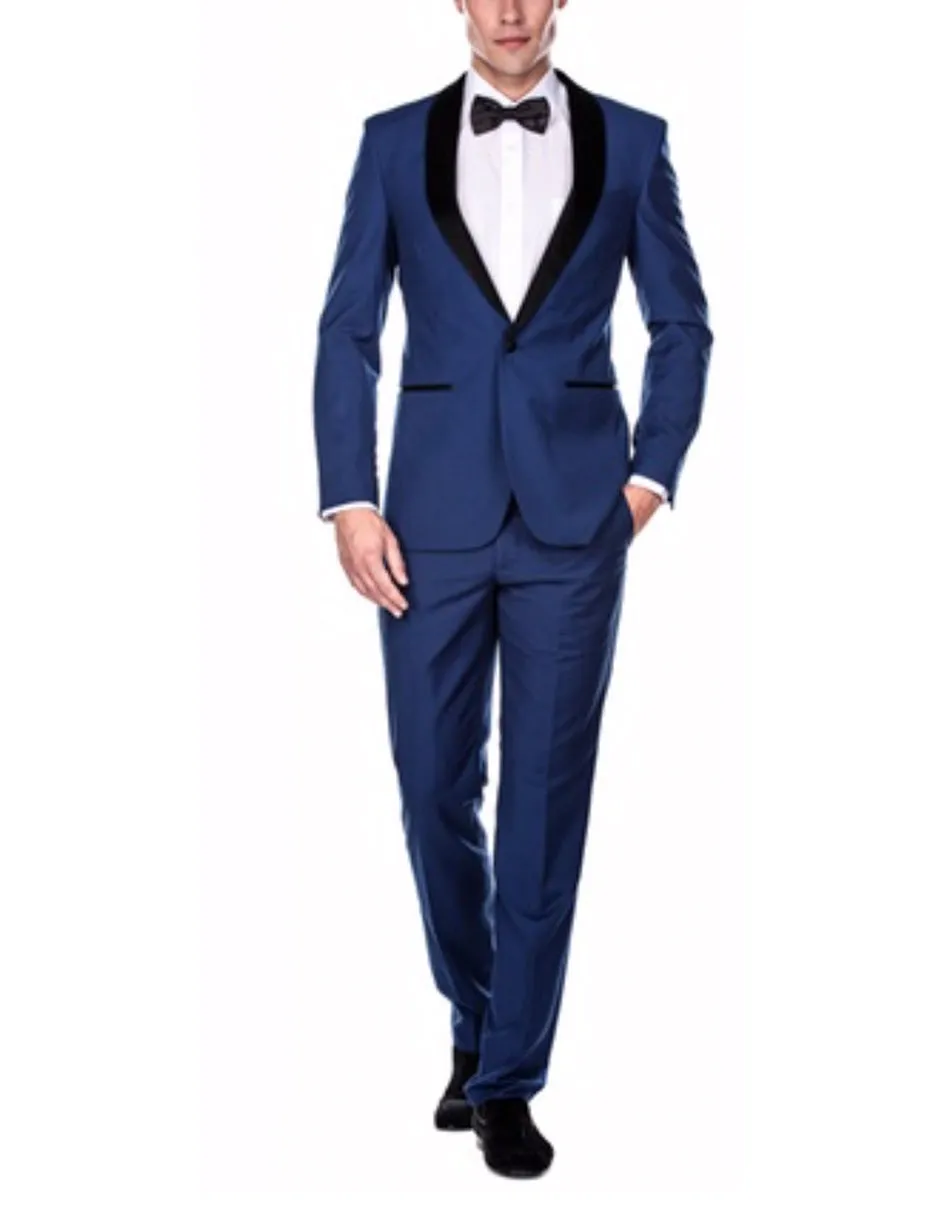 Mens Slim Fit 1 Button Shawl Prom Tuxedo in Royal Blue - Mens Slim Fitted Tuxedo