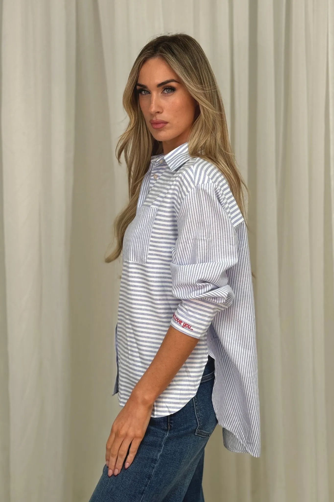 Millie Cuff Detail Stripe Shirt In Blue