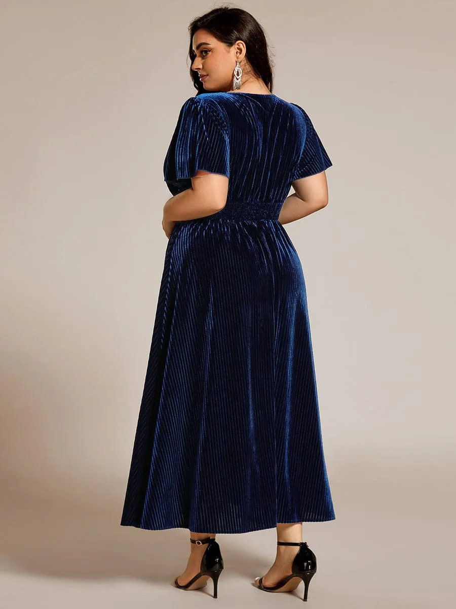 Plus Size A-line V-Neck Short Sleeve Pleated Velvet Fall Wedding Guest Dress