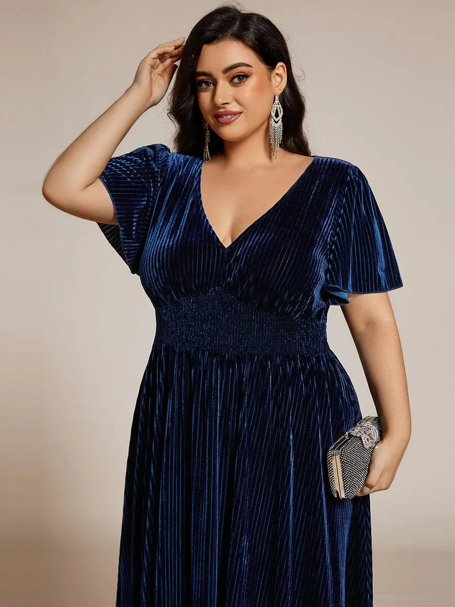 Plus Size A-line V-Neck Short Sleeve Pleated Velvet Fall Wedding Guest Dress