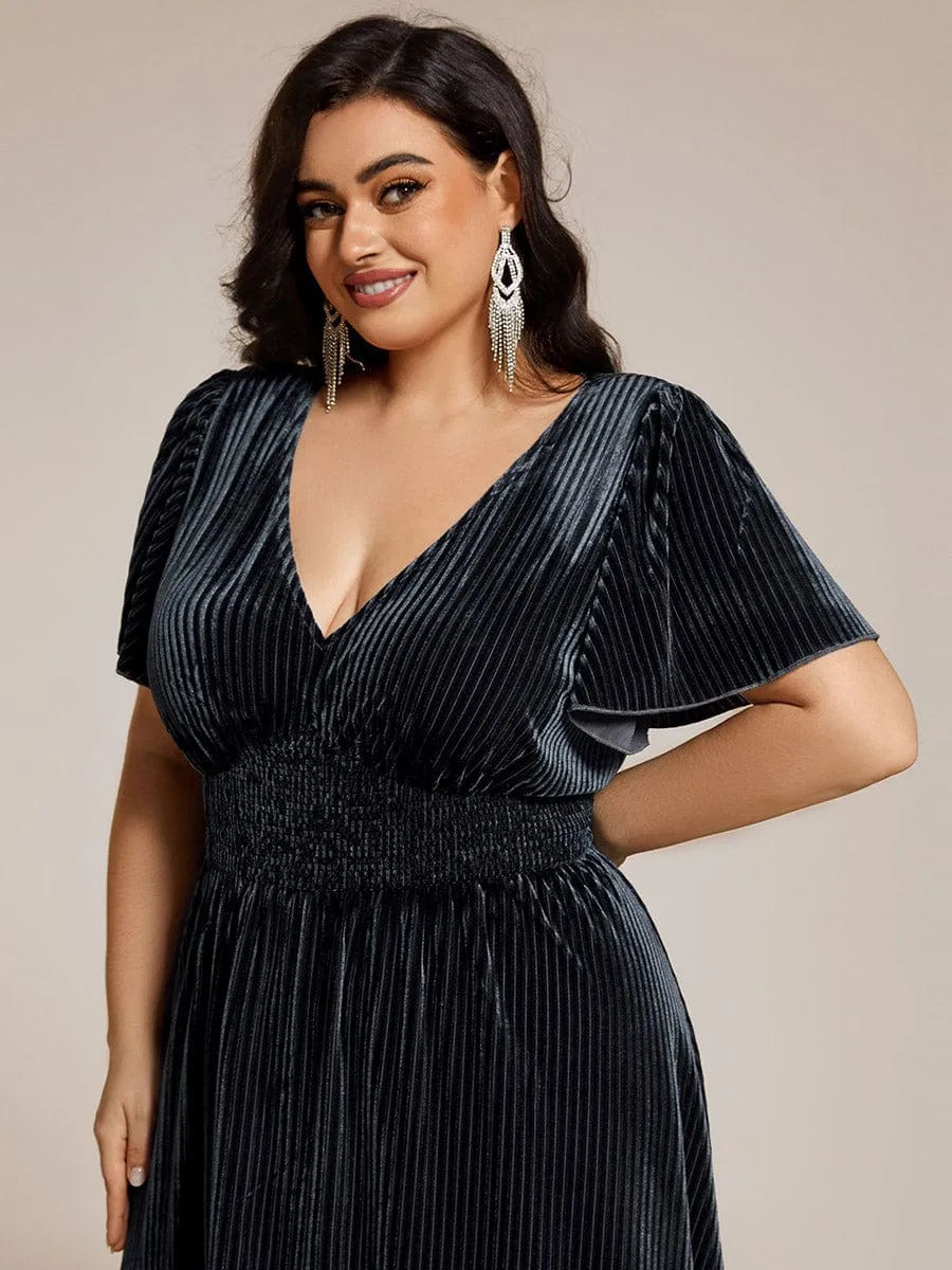 Plus Size A-line V-Neck Short Sleeve Pleated Velvet Fall Wedding Guest Dress