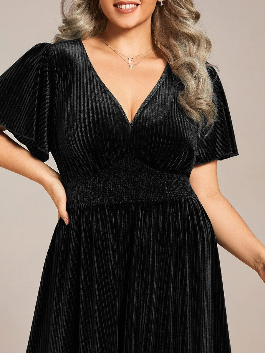 Plus Size A-line V-Neck Short Sleeve Pleated Velvet Fall Wedding Guest Dress