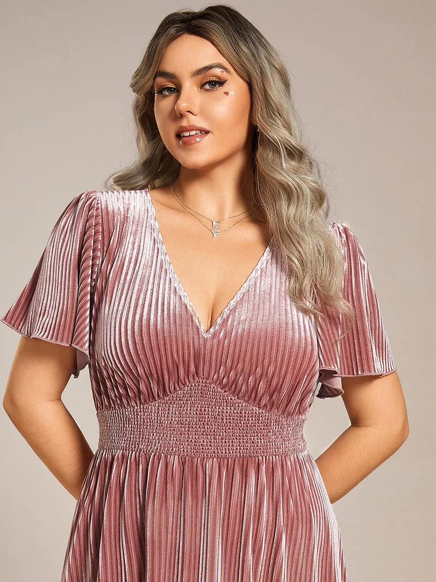 Plus Size A-line V-Neck Short Sleeve Pleated Velvet Fall Wedding Guest Dress