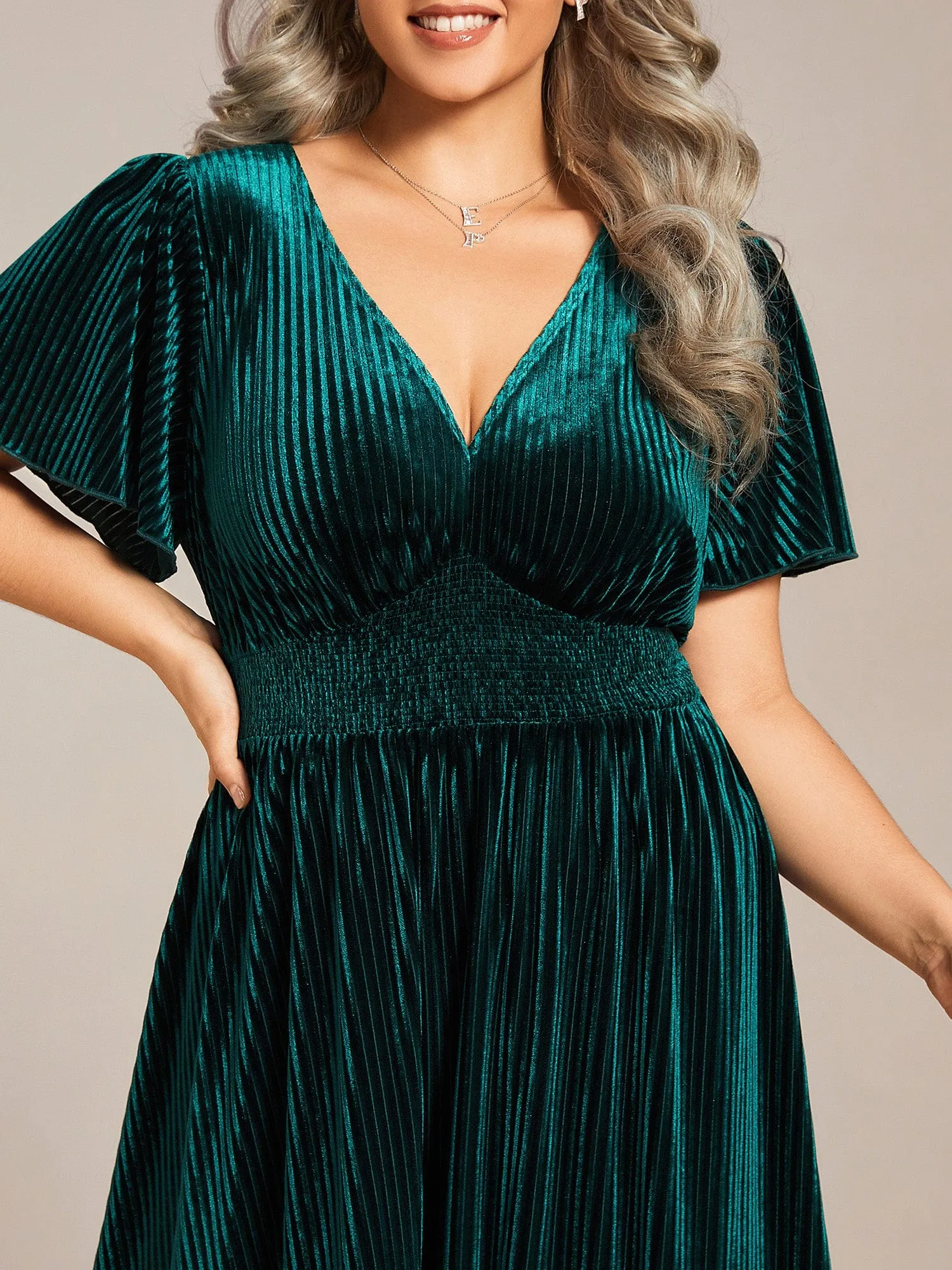 Plus Size A-line V-Neck Short Sleeve Pleated Velvet Fall Wedding Guest Dress