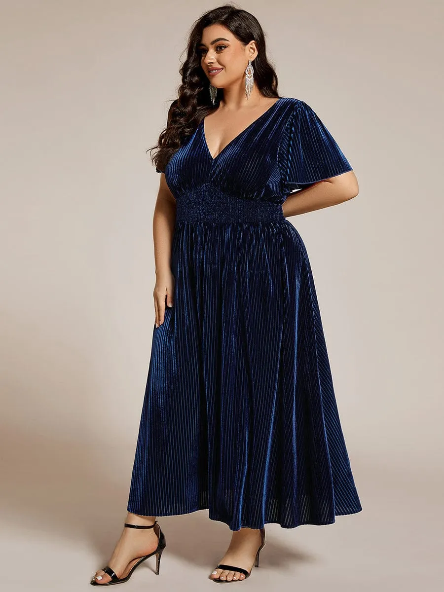 Plus Size A-line V-Neck Short Sleeve Pleated Velvet Fall Wedding Guest Dress