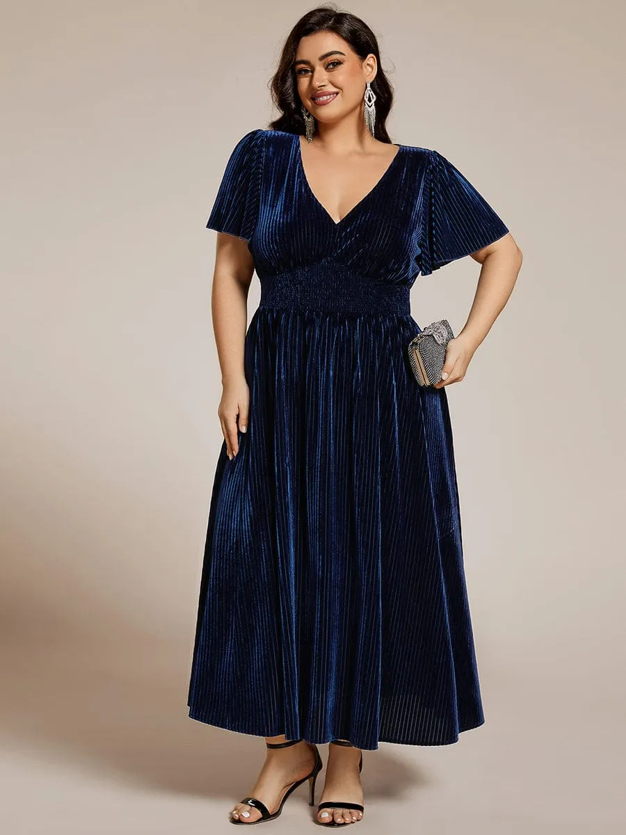 Plus Size A-line V-Neck Short Sleeve Pleated Velvet Fall Wedding Guest Dress