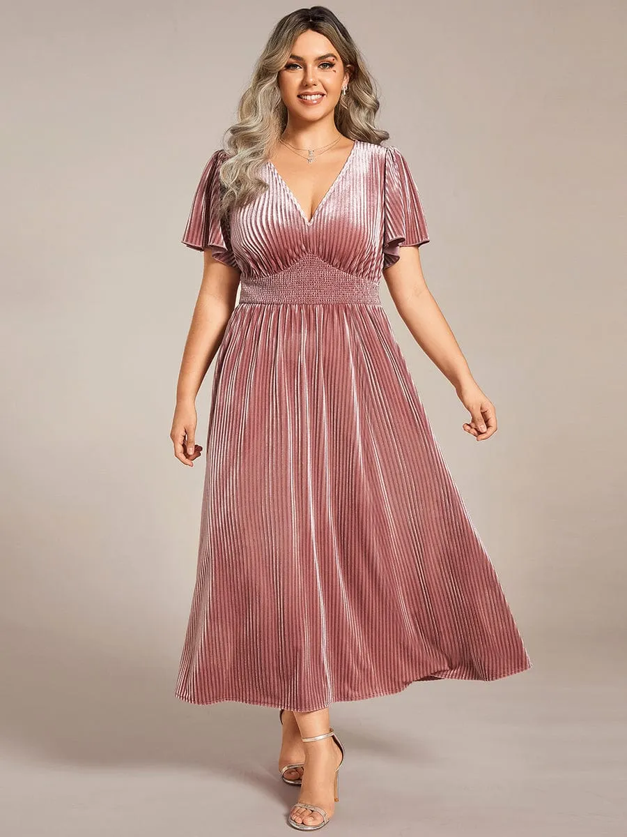 Plus Size A-line V-Neck Short Sleeve Pleated Velvet Fall Wedding Guest Dress