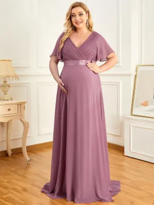 Plus Size Ruffle Sleeve Floor-Length Formal Maternity Dress