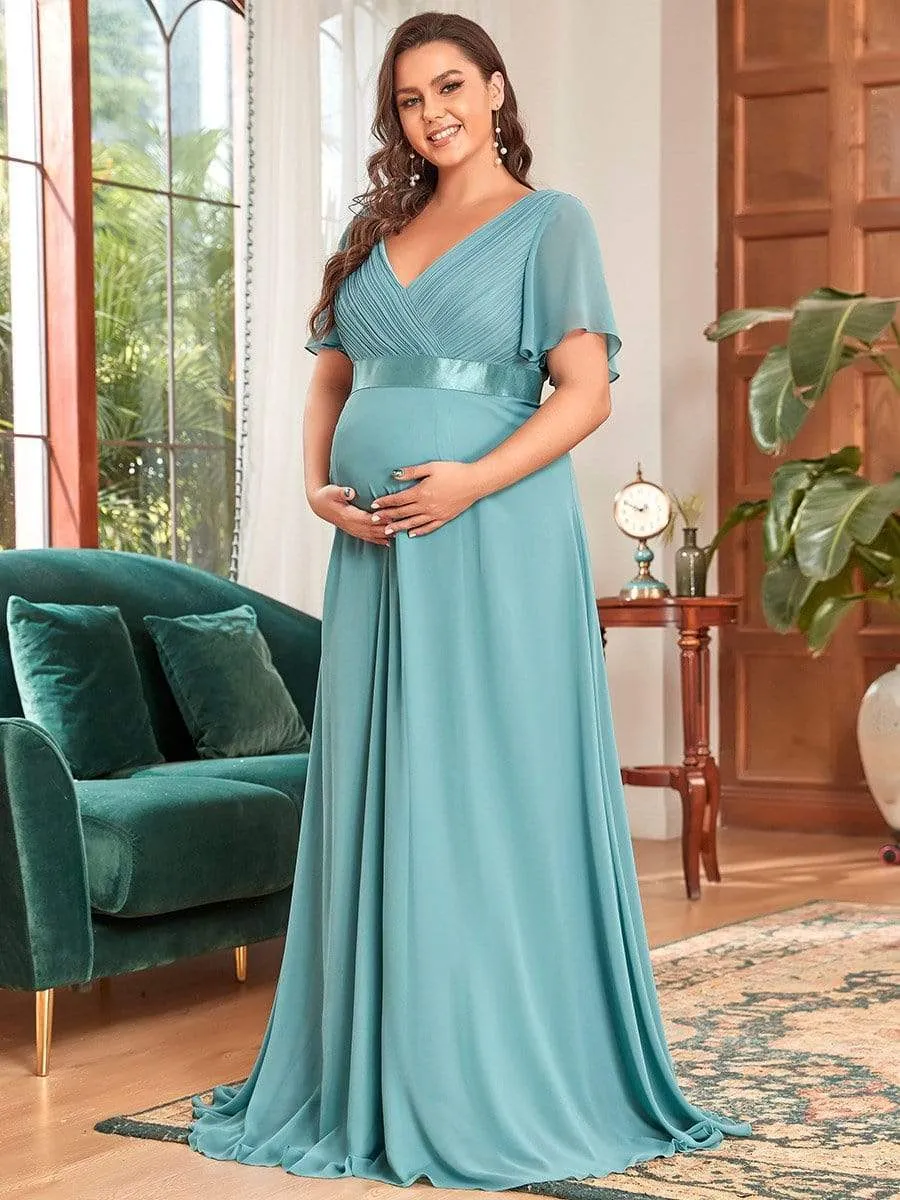 Plus Size Ruffle Sleeve Floor-Length Formal Maternity Dress