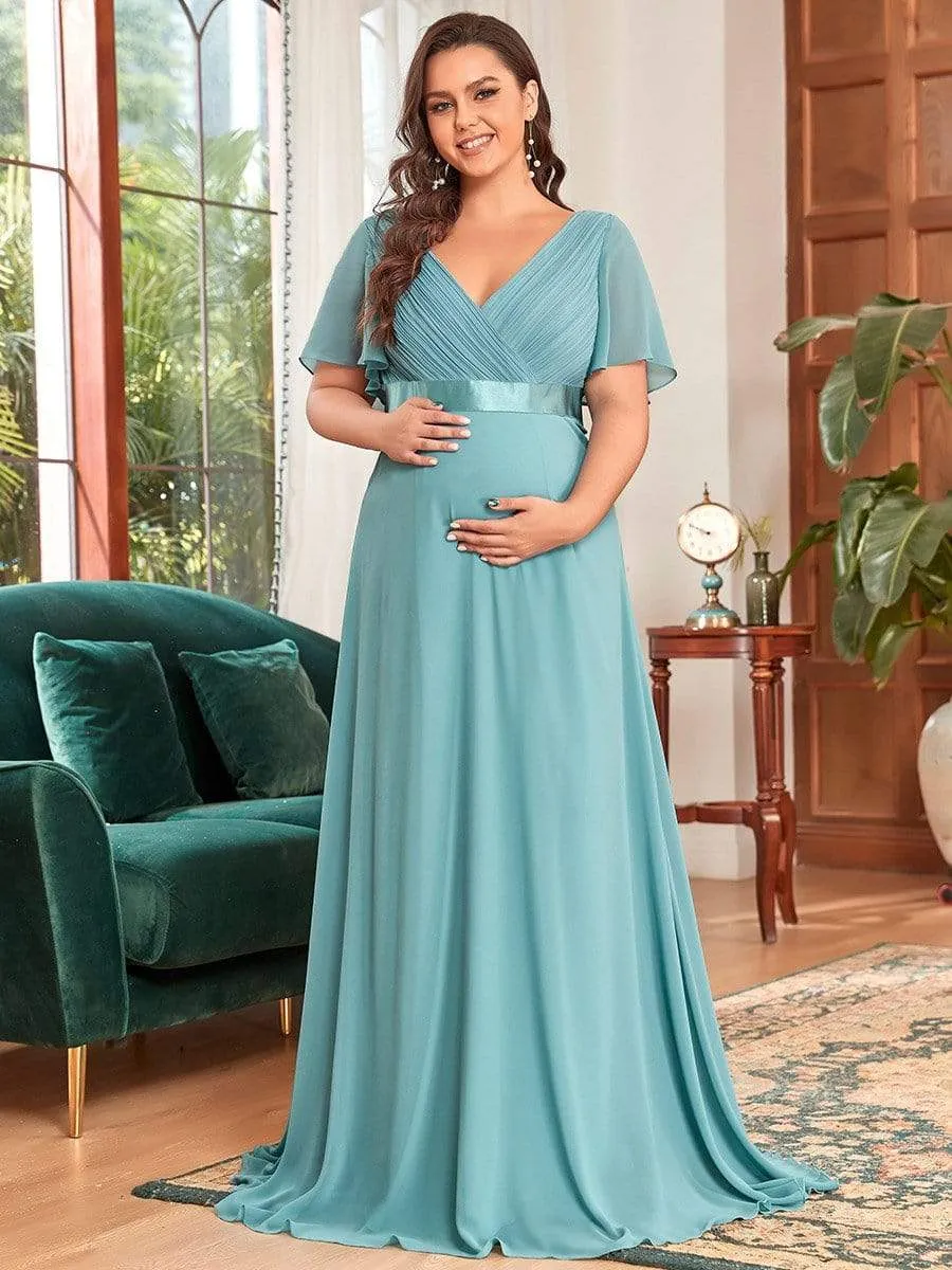 Plus Size Ruffle Sleeve Floor-Length Formal Maternity Dress