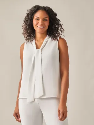 Plus Size Sleeveless Bow Neck Blouse, White