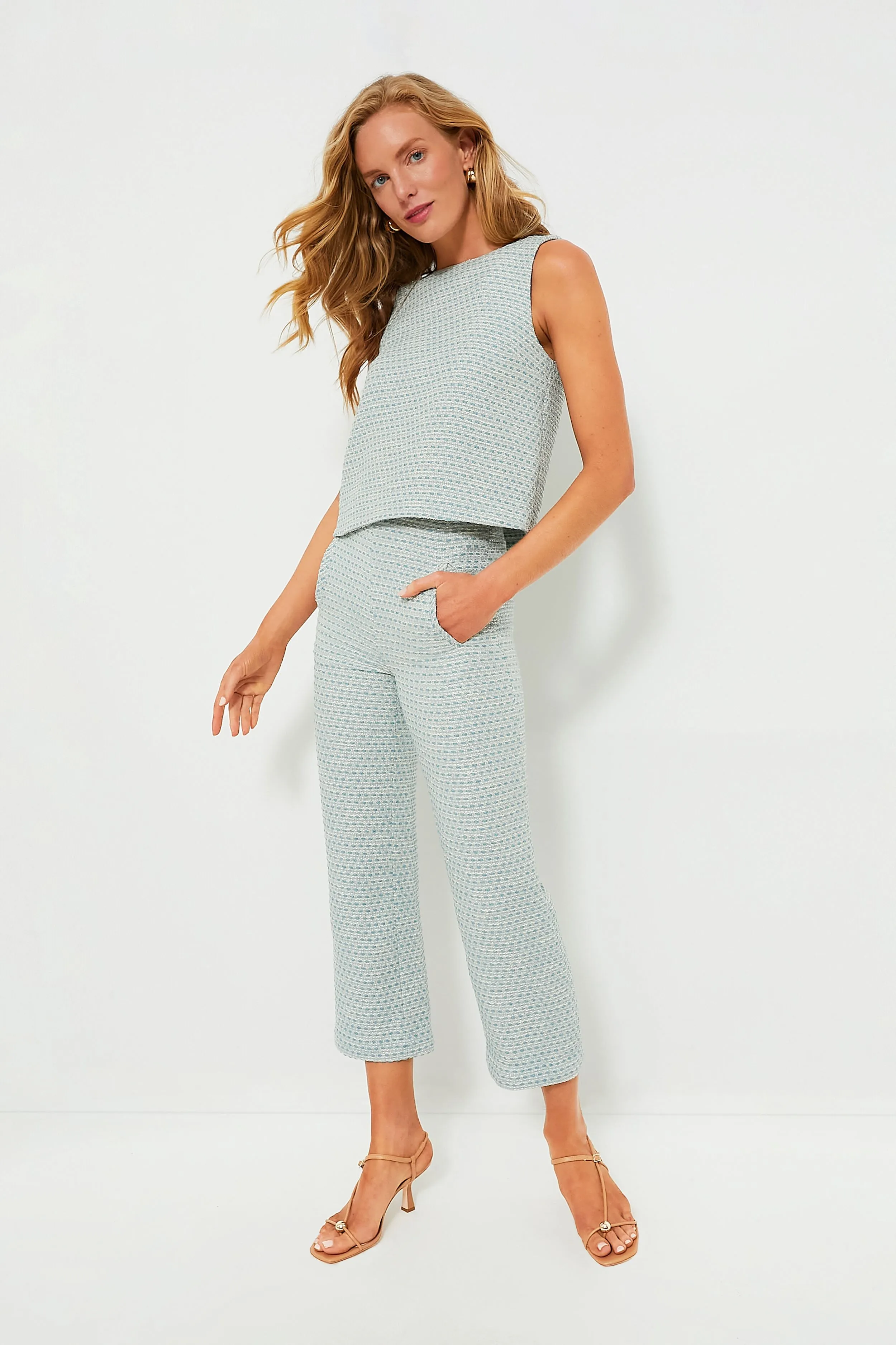 Powder Blue Metallic Tweed Sleeveless Shift Top