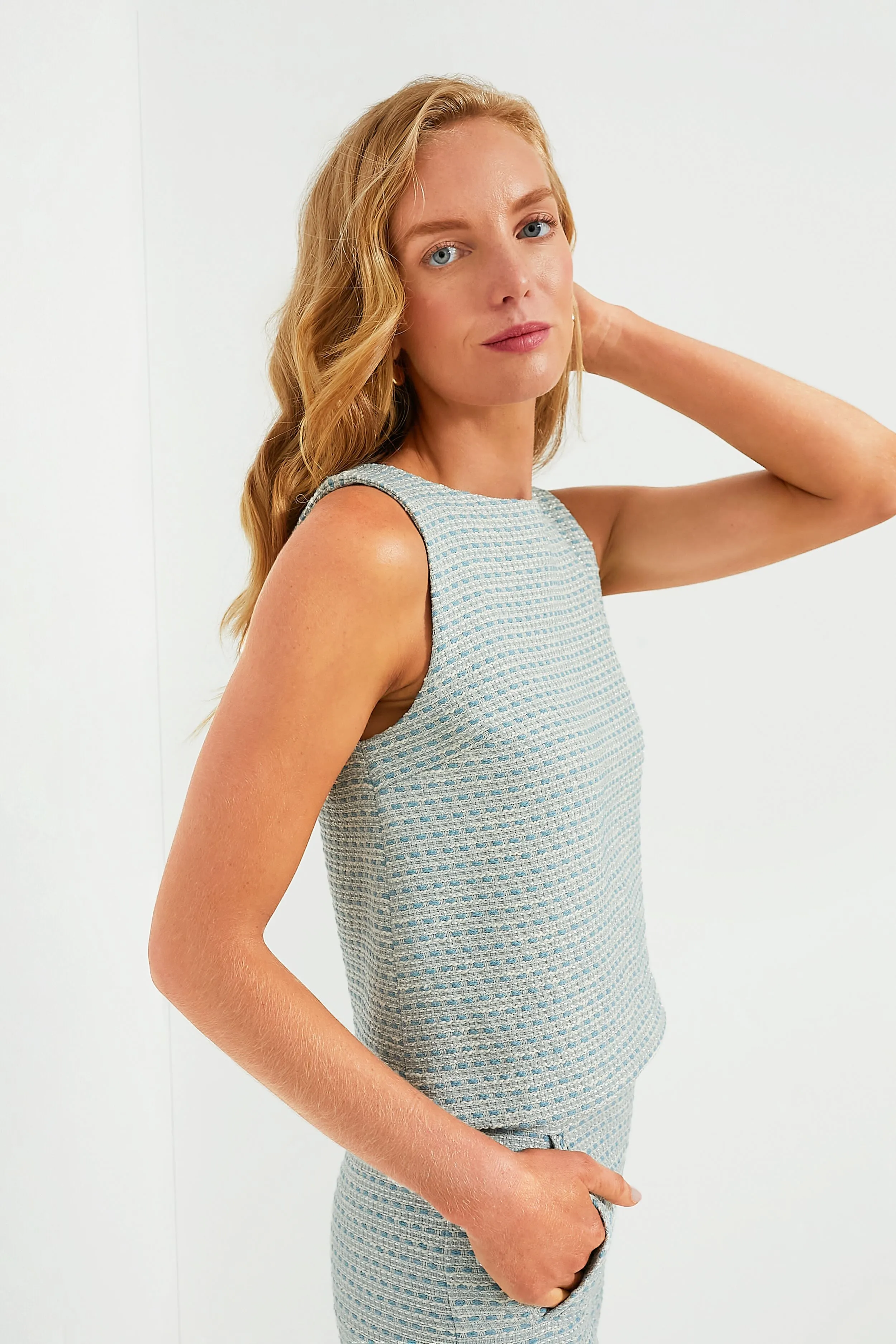 Powder Blue Metallic Tweed Sleeveless Shift Top