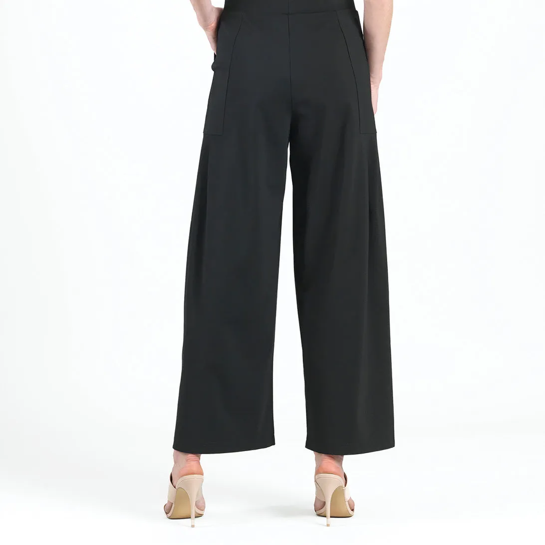 Rayon-Ponte Knit - Pleated Wide Leg Pocket Pant - Black