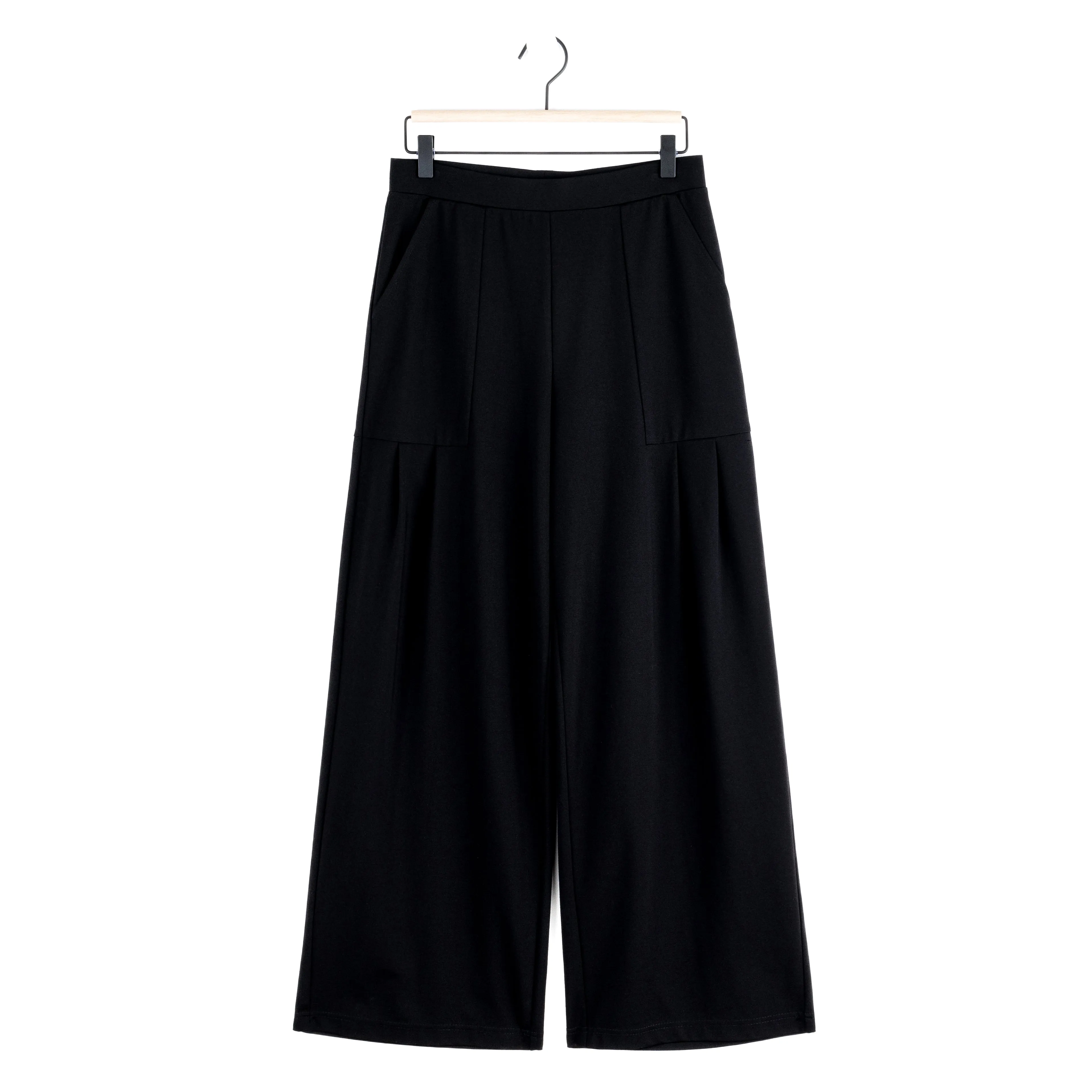 Rayon-Ponte Knit - Pleated Wide Leg Pocket Pant - Black