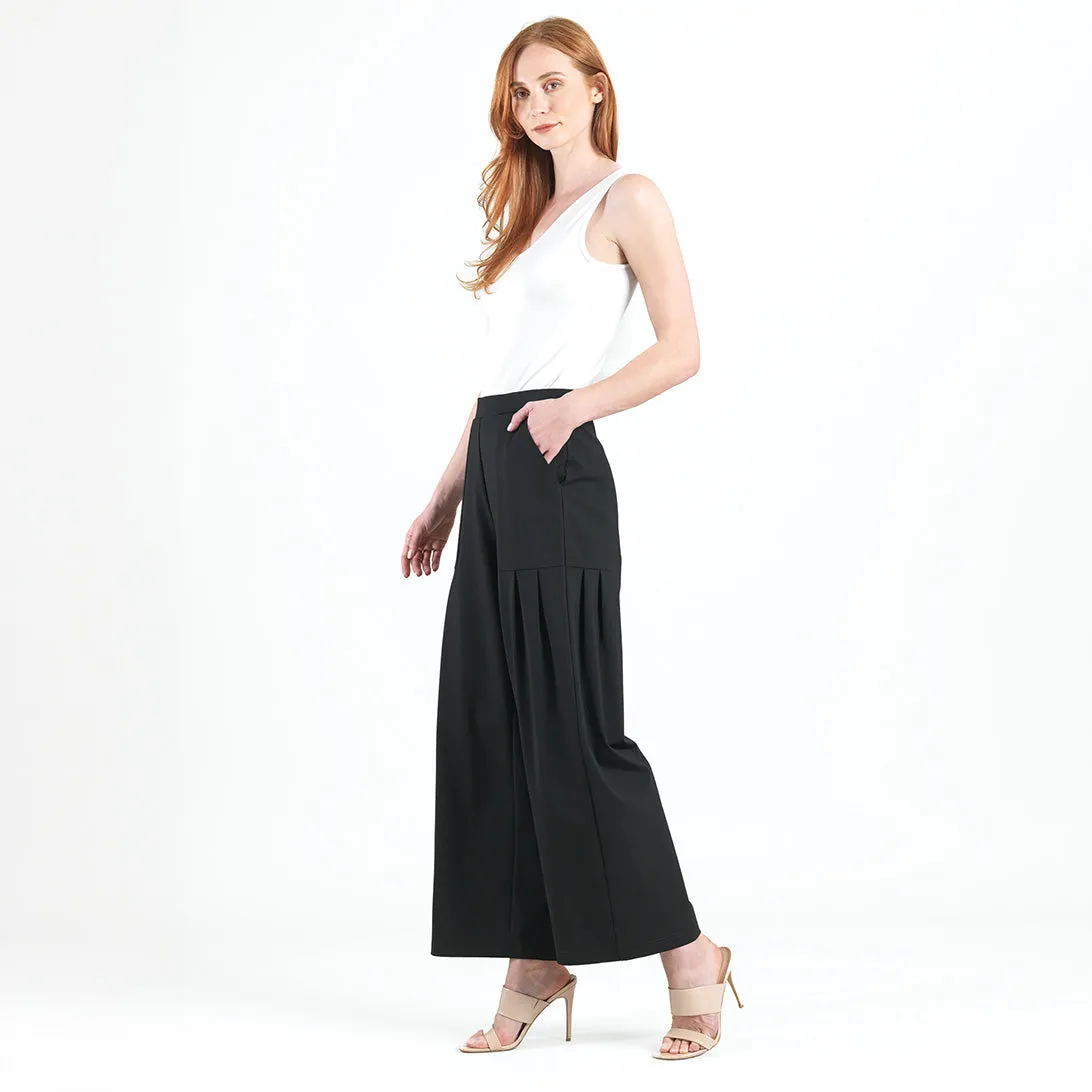 Rayon-Ponte Knit - Pleated Wide Leg Pocket Pant - Black