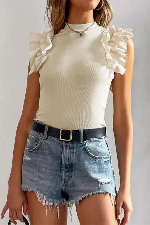 Ribbed Mock Neck Ruffle Blouse