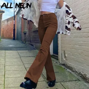 Slim Brown Flare Jeans Vintage Solid High Waist Pants