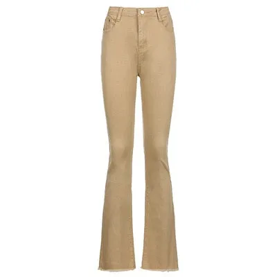 Slim Brown Flare Jeans Vintage Solid High Waist Pants