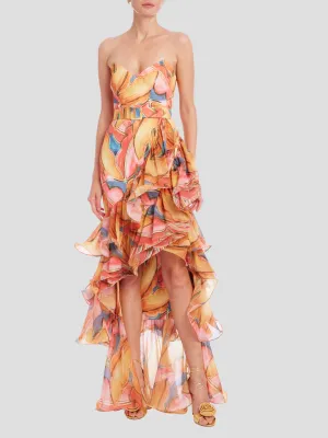 Strapless Print Tiered Dress in Coral Multi