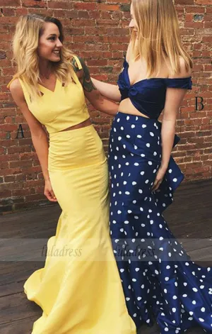 Two Piece V-Neck Sweep Train Yellow Satin Prom Dress with Ruffles