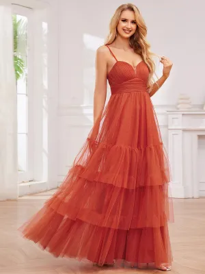 V Neck Tiered Tulle Spaghetti Strap Bridesmaid Dress