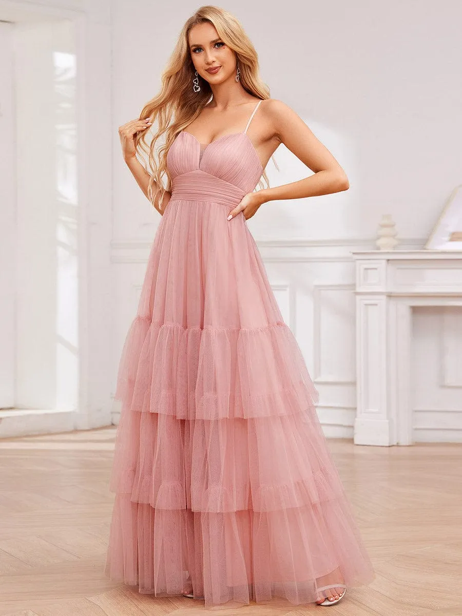 V Neck Tiered Tulle Spaghetti Strap Bridesmaid Dress