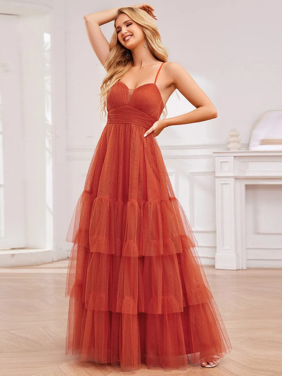 V Neck Tiered Tulle Spaghetti Strap Bridesmaid Dress