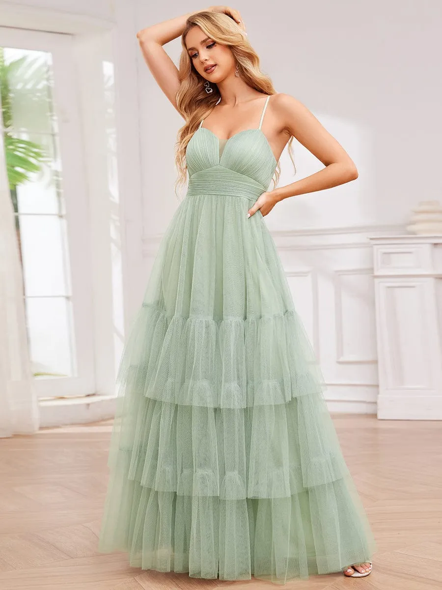 V Neck Tiered Tulle Spaghetti Strap Bridesmaid Dress