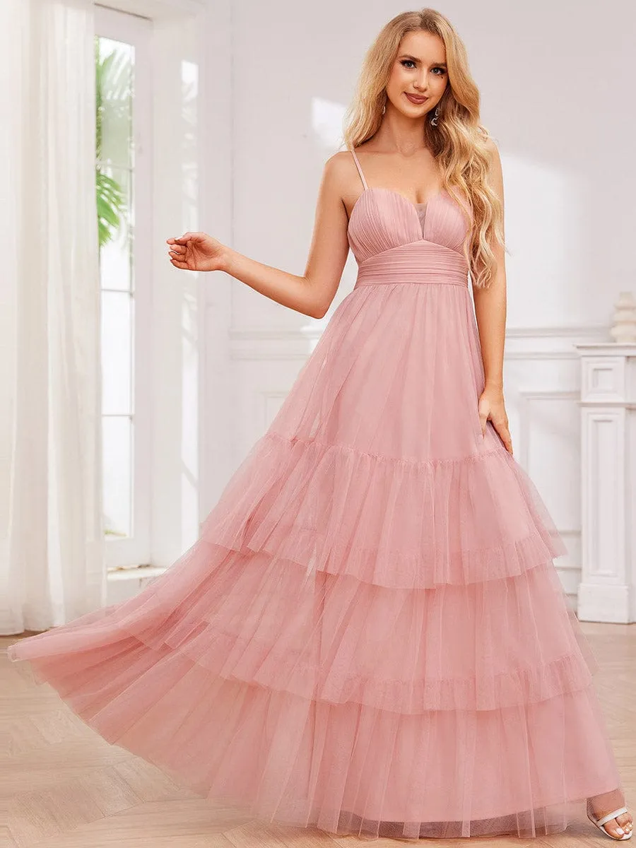 V Neck Tiered Tulle Spaghetti Strap Bridesmaid Dress