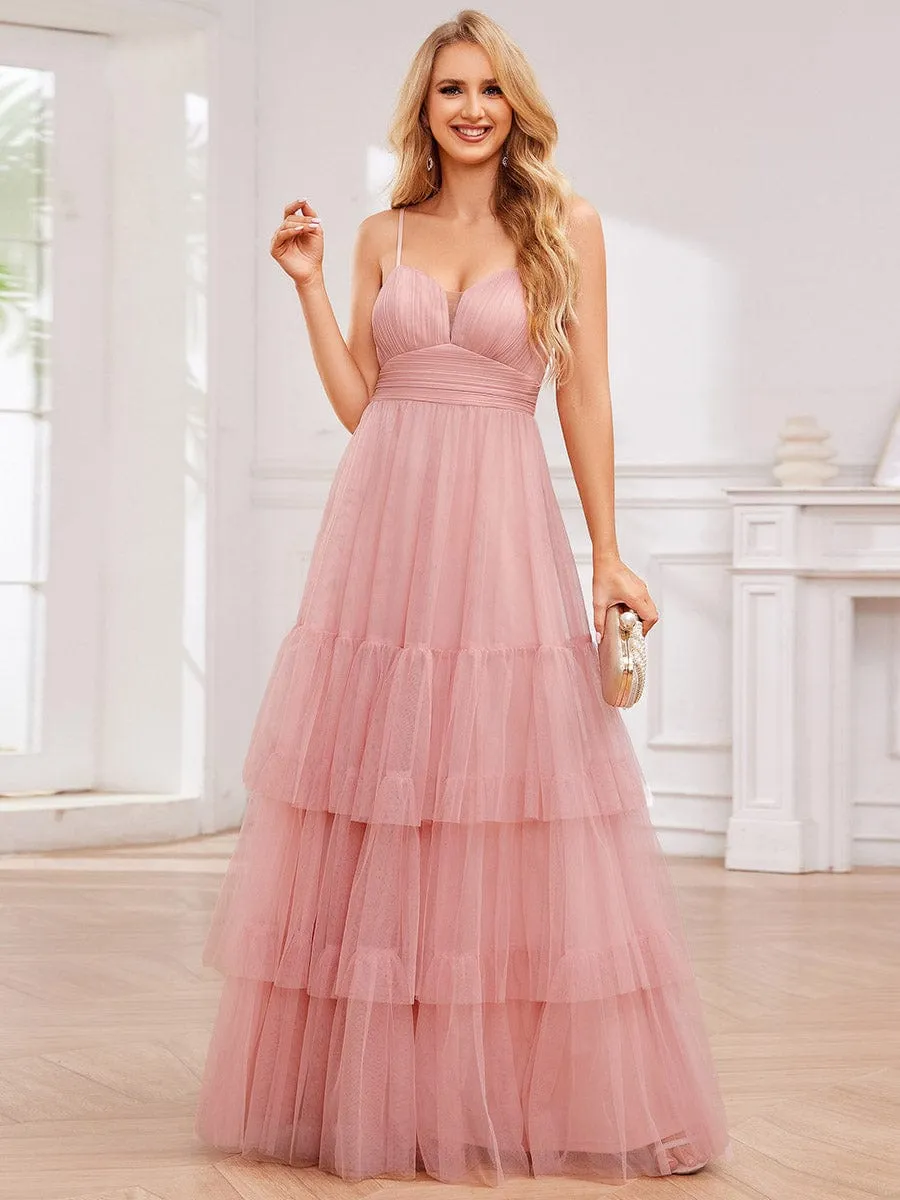 V Neck Tiered Tulle Spaghetti Strap Bridesmaid Dress