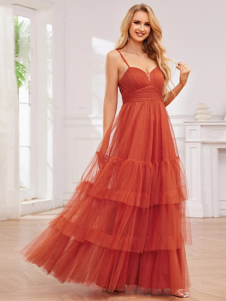 V Neck Tiered Tulle Spaghetti Strap Bridesmaid Dress