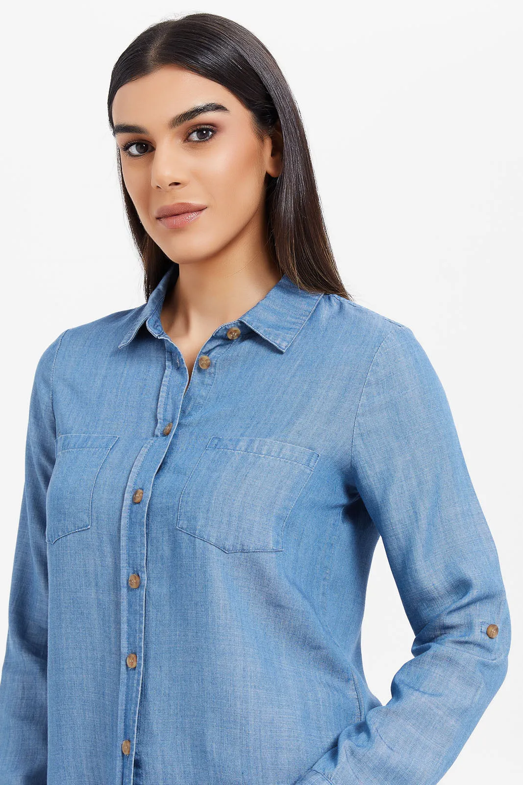 Women Blue Mid Wash Denim Shirt