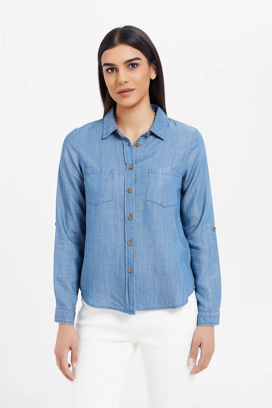 Women Blue Mid Wash Denim Shirt